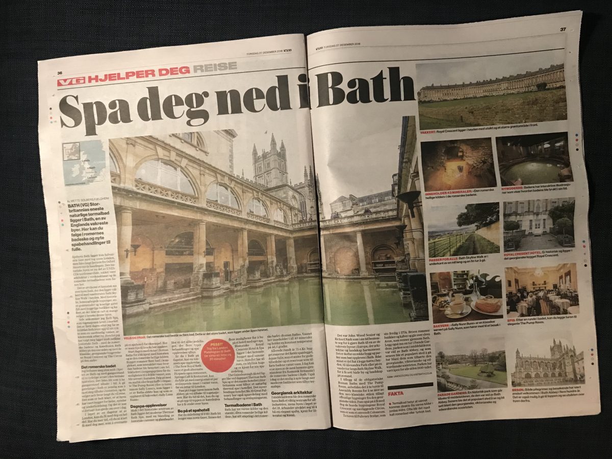 Reiseartikkel om Bath i VG. Tekst og foto Mette Solberg Fjeldheim, Reiselykke
