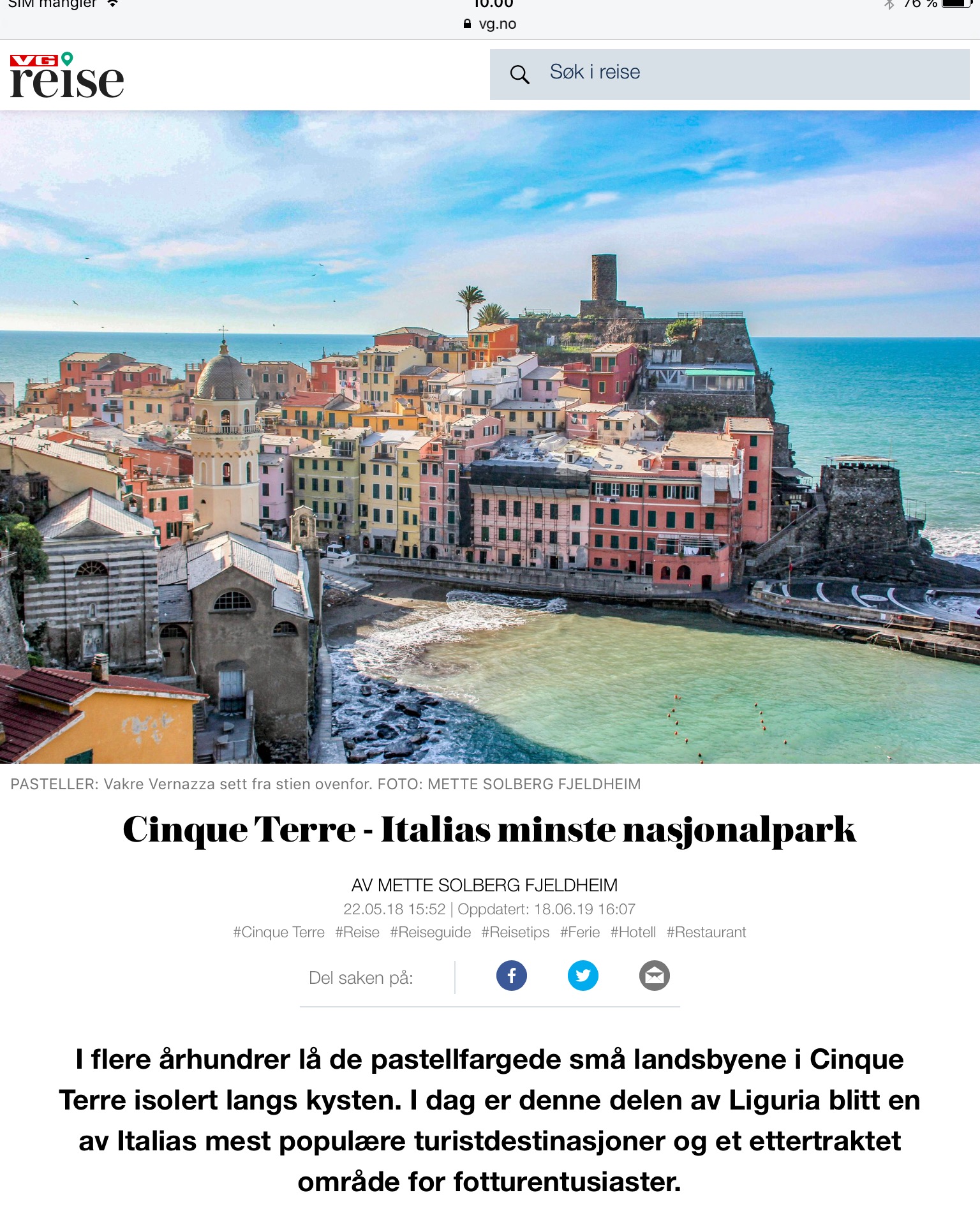 Reiseartikkel om Cinque Terre i VG_Levert av Mette S. Fjeldheim - Reiselykke