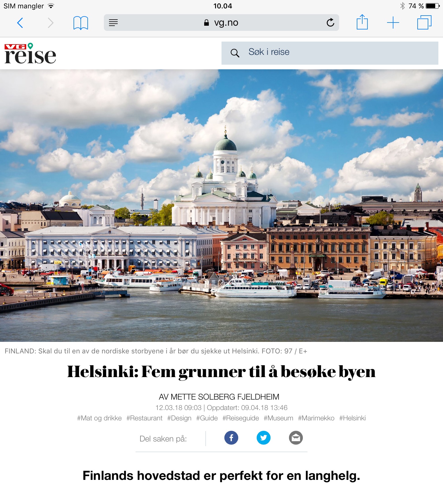 Reiseartikkel om Helsinki i VG_Levert av Mette S. Fjeldheim - Reiselykke