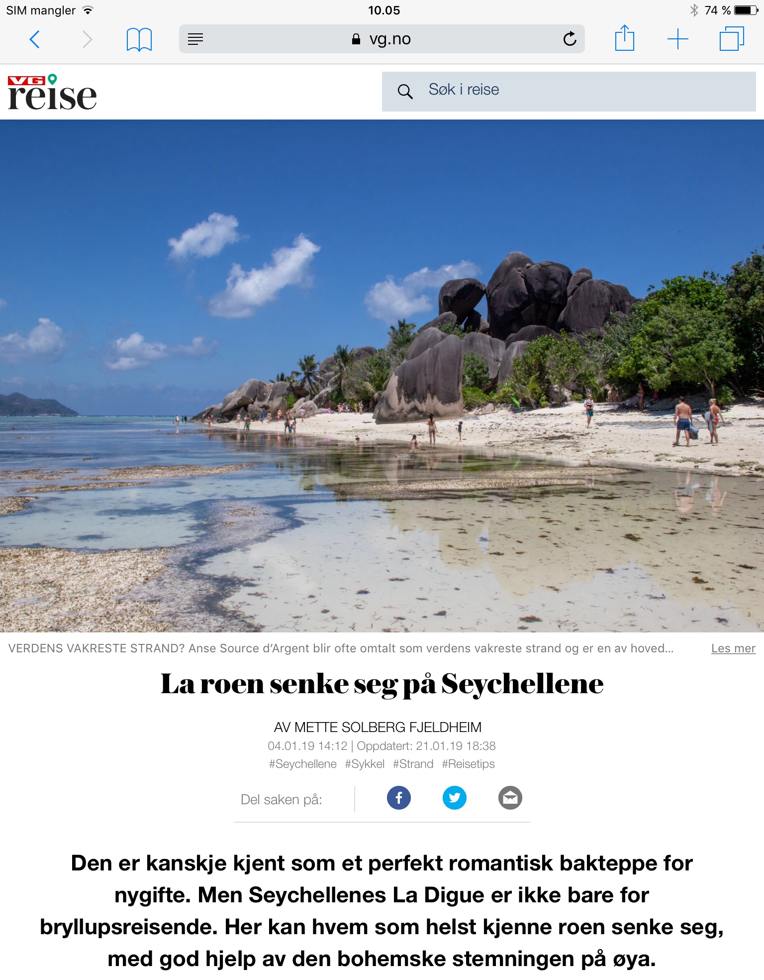 Reiseartikkel om La Digue på Seychellen i VG_Levert av Mette S. Fjeldheim - Reiselykke