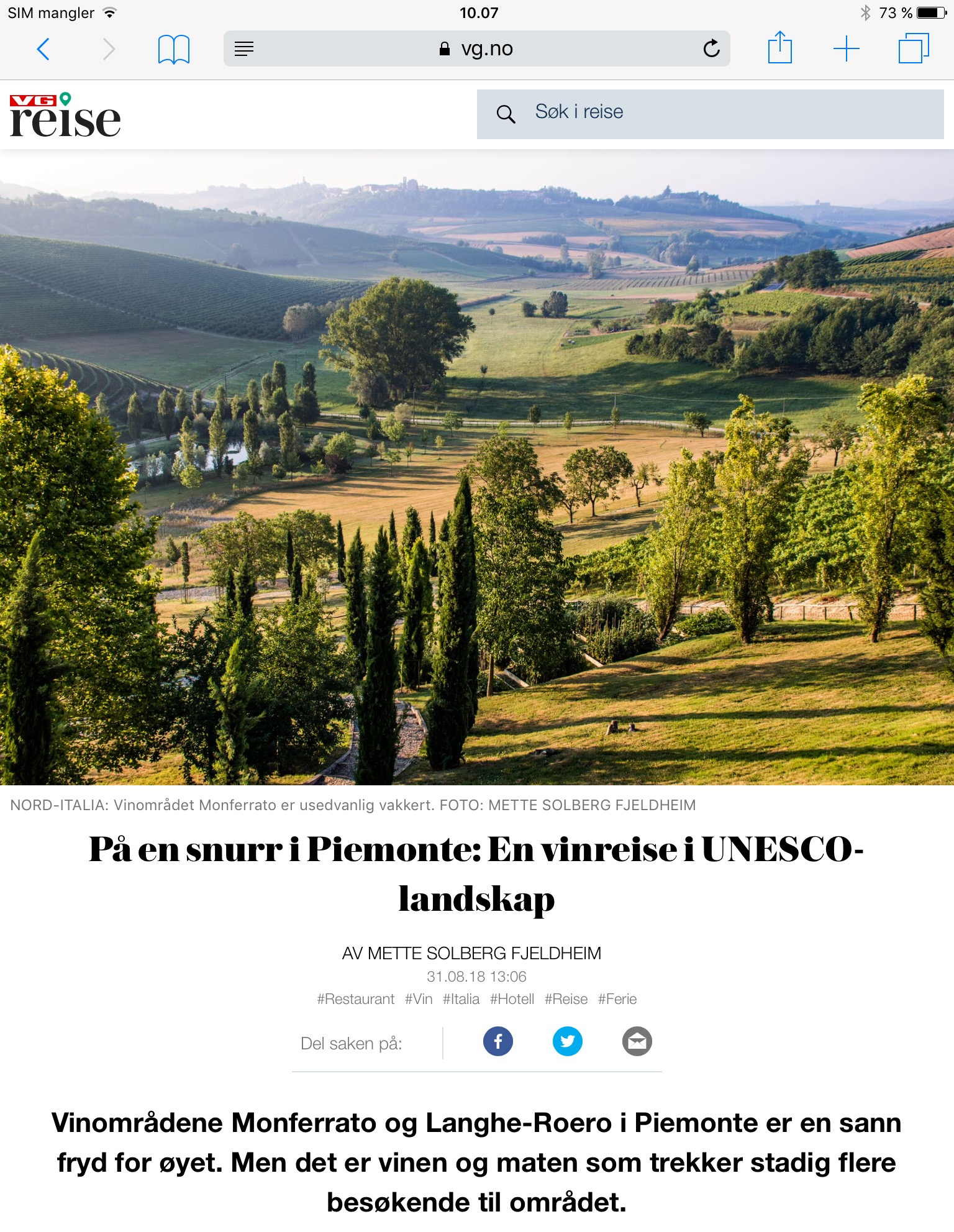 Reiseartikkel om Piemonte i VG_Levert av Mette S. Fjeldheim - Reiselykke