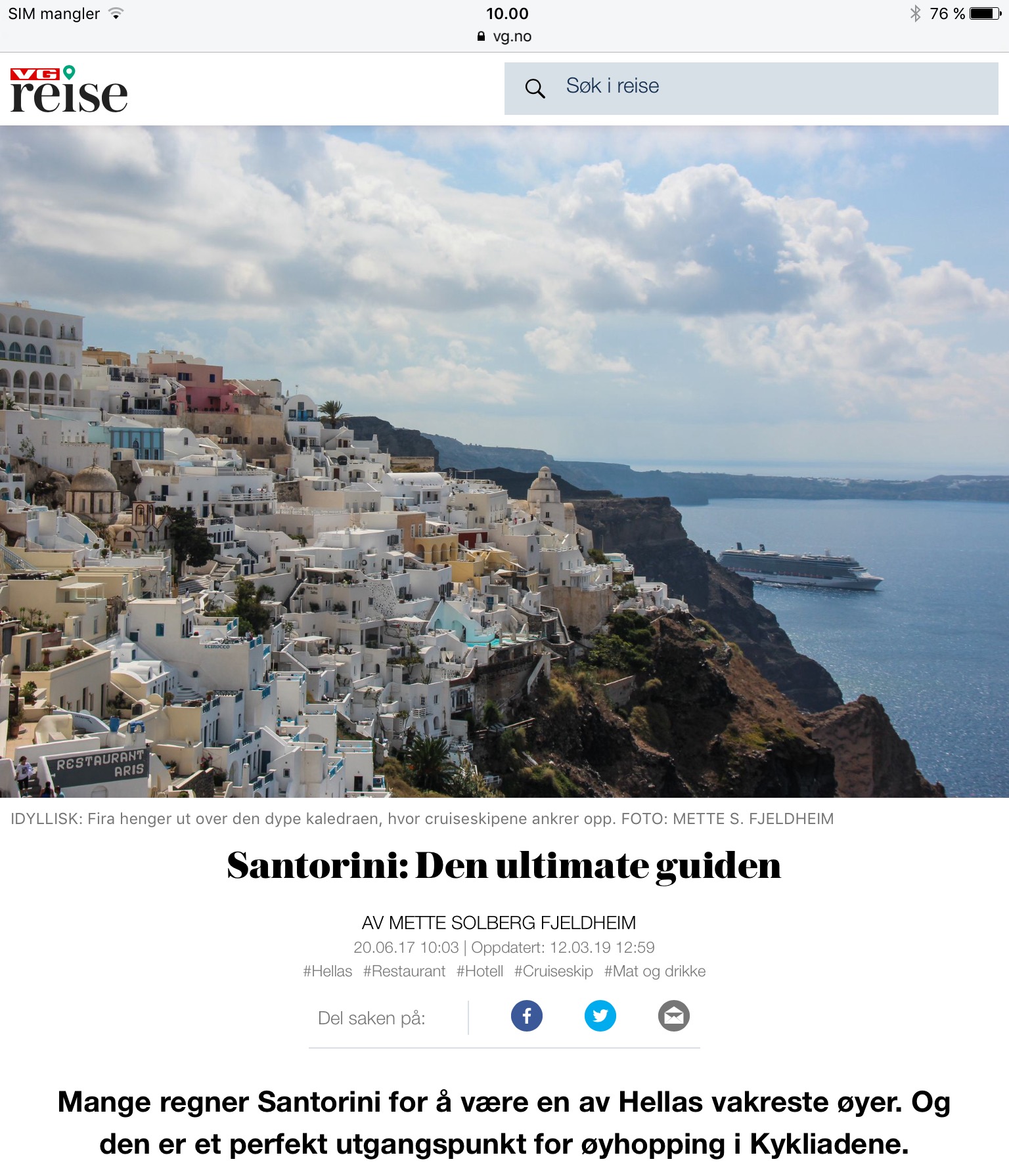 Reiseartikkel om Santorini i VG_Levert av Mette S. Fjeldheim - Reiselykke