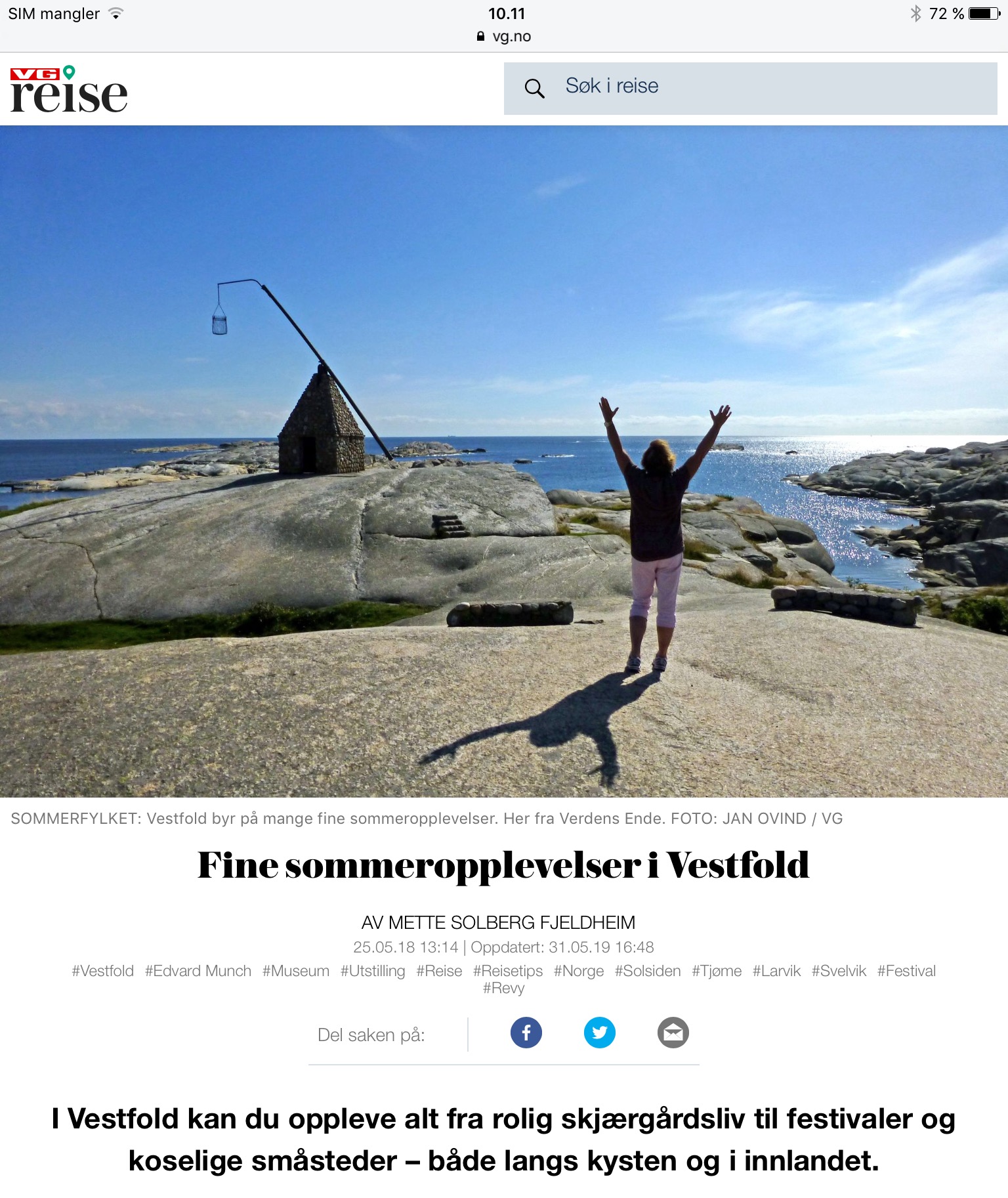 Reiseartikkel om Vestfold i VG_Levert av Mette S. Fjeldheim - Reiselykke